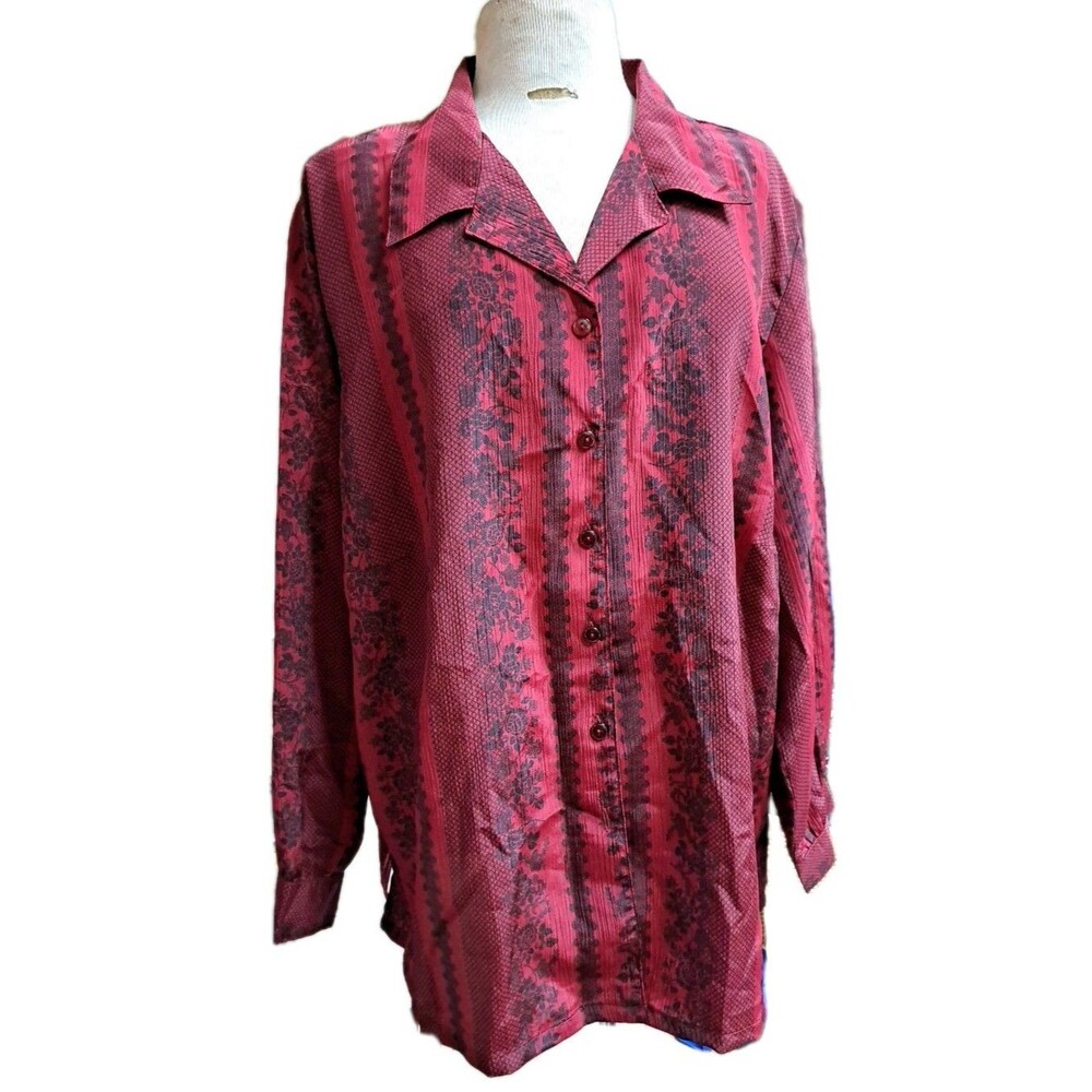 Vintage Donnkenny Blouse Women 2X Porcelain Red Button Classic Preppy Artsy New